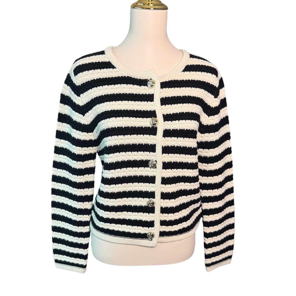 Primark S Black Cream Striped Cardigan Gold Crest Buttons Preppy Knit Sweater